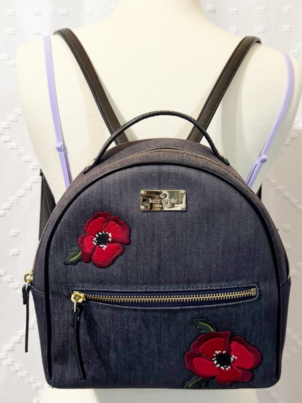 96. Kate Spade Poppy Sammi Mini Backpack Denim Floral Appliqué